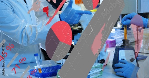 Handling tech in lab coat blue gloves placing tube into vortexer at lab bench, infographic overlays