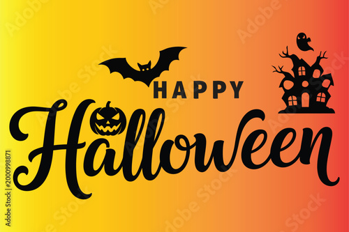 happy halloween text with bat pumpkin and haunted house silhouettes