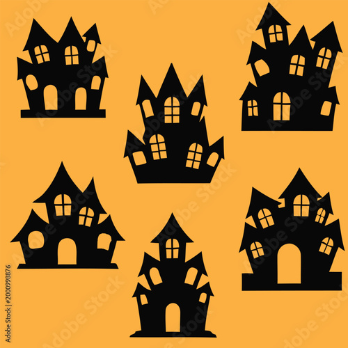 haunted house silhouettes on orange background high quality