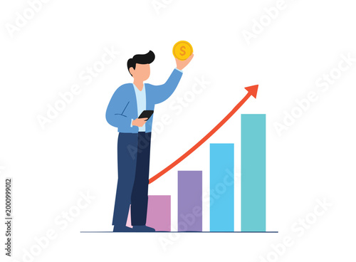 Man holding coin and phone with growth chart and rising arrow, symbolizing investment and financial gains