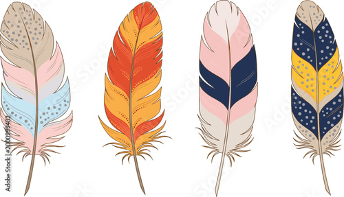 Bild auf Leinwand Decorative boho feathers collection with colorful hand drawn tribal plume vector