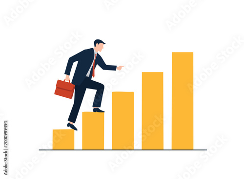 Businessman climbing stairs on a rising bar graph symbolizing career growth and success business climbing