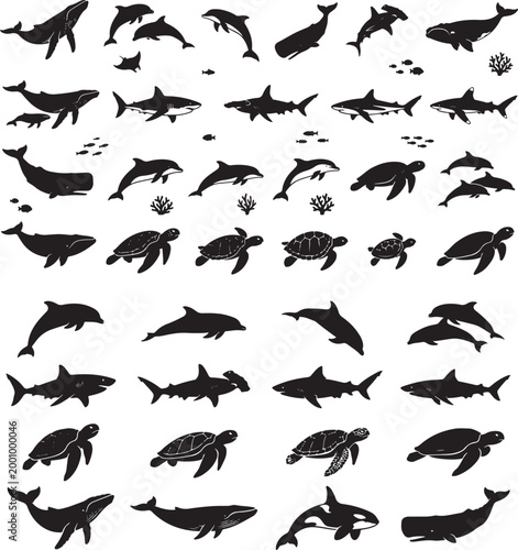 Marine animals silhouette set featuring whales dolphins sharks sea turtles and orca swimming in ocean isolated on white background for aquatic wildlife vector design collection