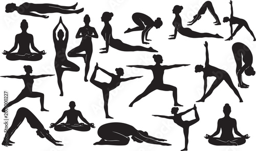 Yoga poses silhouette set featuring women practicing various asanas like lotus tree warrior and cobra for health wellness and fitness isolated on white background vector collection