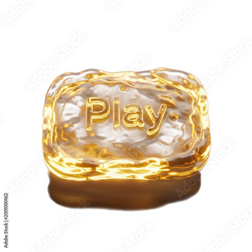 Golden play button with shiny textured surface and glowing edges, digital art isolated on transparent background