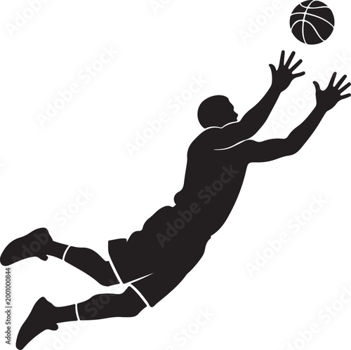 Basketball player reaching for a ball in mid-air silhouette vector icon