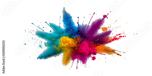 Rainbow Powder Explosion Banner with Bright Colorful Dust Particles and Paint Splashes, Vibrant Holi Style Pigment Burst in Red Orange Yellow Green Blue Purple.