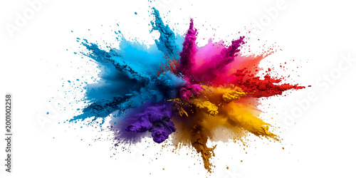 Rainbow Powder Explosion Banner with Bright Colorful Dust Particles and Paint Splashes, Vibrant Holi Style Pigment Burst in Red Orange Yellow Green Blue Purple.