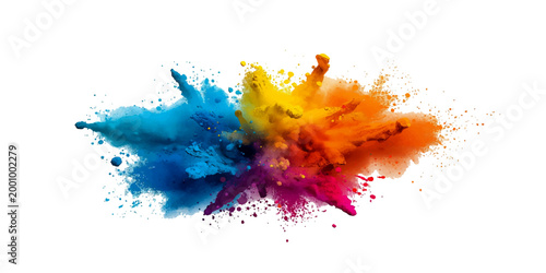Vibrant Rainbow Powder Explosion Banner with Colorful Dust Particles and Paint Splash, Red Orange Yellow Green Blue Purple Holi Style Pigment Burst Isolated on White Background.