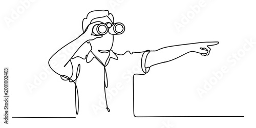 Continuous line drawing of a man using binoculars and pointing forward to the distance Vector, illustration