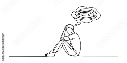Sad man sitting alone feeling depressed with a messy thought bubble in a continuous single line drawing style Vector, illustration
