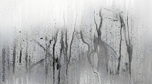 Foto A detailed view of a foggy glass surface with thick, dark condensation streaks and tiny water droplets creating an abstract and moody pattern against a bright, diffused background