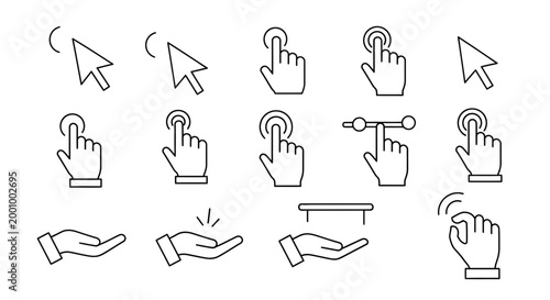 Collection of minimalist line art hand and cursor icons for user interface design