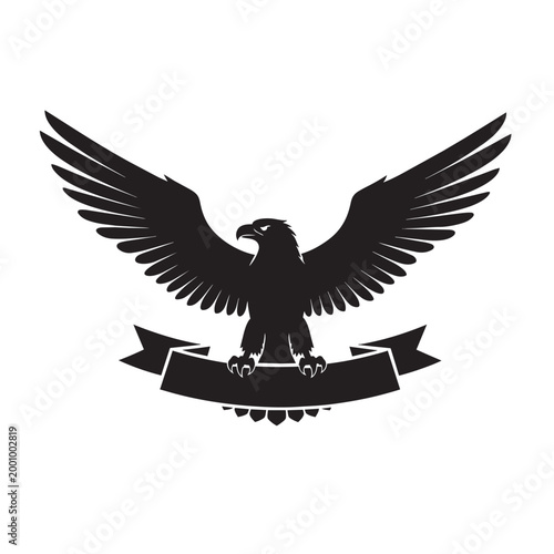 Majestic eagle silhouette with wide open wings holding an empty ribbon banner vector illustration of a powerful bird of prey symbol