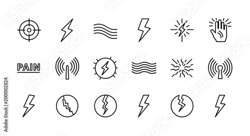 Collection of minimalist line icons representing pain signals and abstract concepts