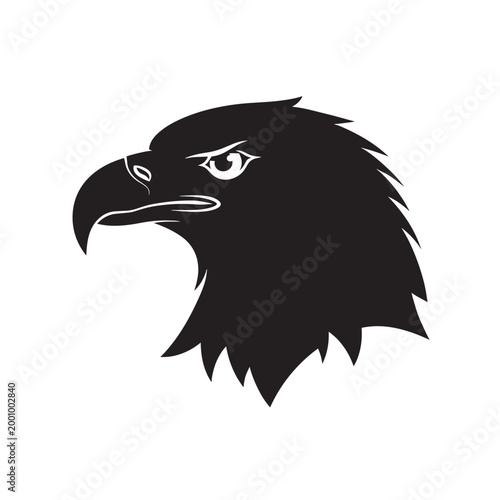Eagle head silhouette logo mascot, bird of prey profile icon, black and white vector illustration of a hawk or falcon head