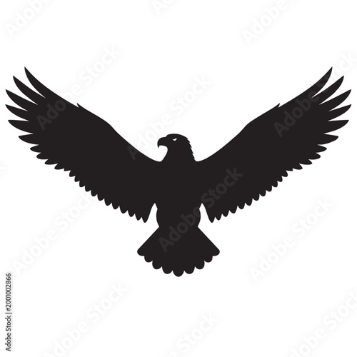Black silhouette of an eagle flying with wings spread wide bird of prey vector illustration hawk or falcon icon for logo design