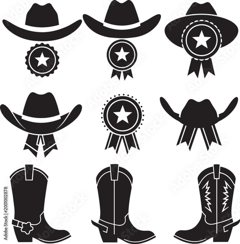 Cowboy and western vector icons set with hats, sheriff badges, and boots silhouettes