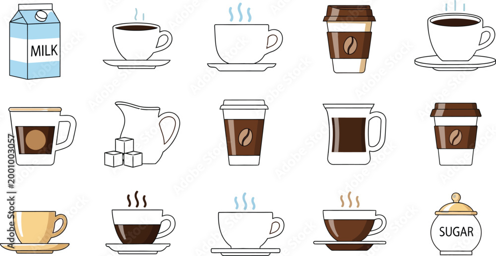 Obraz premium Flat illustration of coffee and milk items set Vector