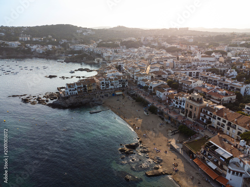Aerial Drone View of Calella de Palafrugell Beach and Mediterranean Coast at Sunset, Costa Brava