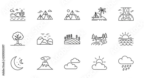 Minimalist nature icons a collection of line art depicting diverse landscapes and weather