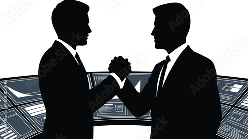 businessmen, handshake, silhouettes, suits, ties, futuristic background, technology, agreement, partnership, deal, business,  Two businessmen shaking hands, silhouettes against a futuristic background
