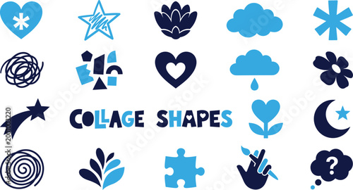 Collage shapes set blue and navy colors various icons graphic design elements isolated on white background.