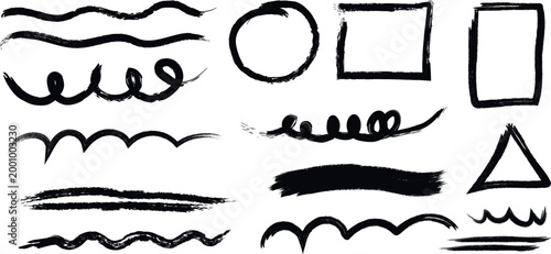 Abstract black brush strokes and geometric shapes collection for artistic design and creative projects