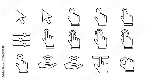 Collection of black and white line art icons depicting hands and cursor interactions