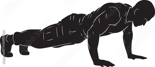 A strong man performs a classic push-up exercise as a black silhouette on a clear white background.