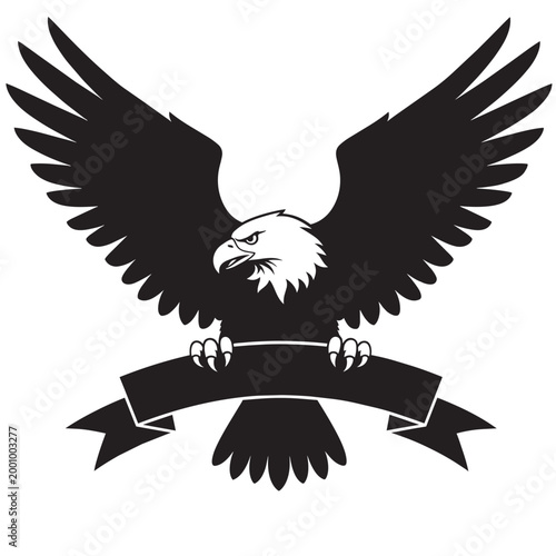 Bald eagle illustration with spread wings holding a blank banner ribbon, patriotic american bird of prey emblem mascot logo