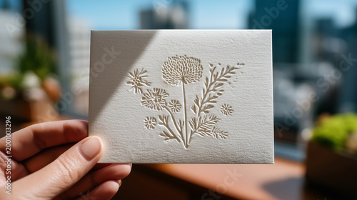 Letterpress studio owner holds a finished embossed wedding invitation card up to the window light, blind deboss pattern of spring botanicals catching shadow beautifully, perfect fo