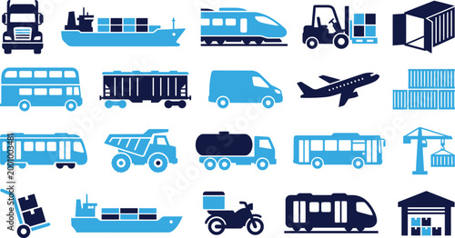 Set of transportation and logistics icons, including trucks, ships, trains, planes, and containers, blue and navy.