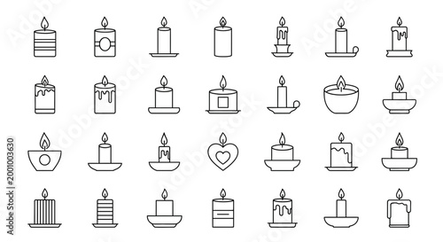 Collection of minimalist candle icons and symbols in black line art style