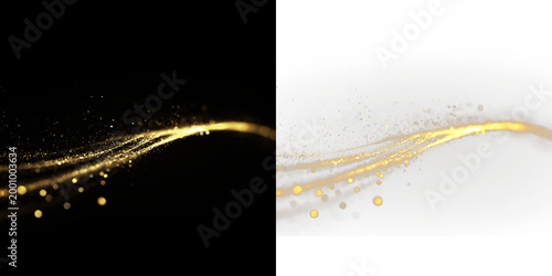 Valokuva Waves of golden sparkles appear isolated on transparent and black background, in