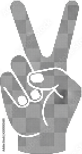 Hand gesture showing peace sign symbol with halftone dot texture for pop art style creative graphic design work.