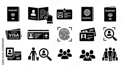 Travel documents and security icons passports visas identification and border control