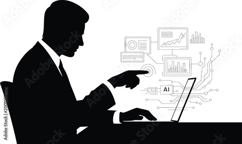 silhouette, businessman, man, suit, laptop, computer, ai, artificial intelligence, interface, graphs, charts, data analysis, technolog Silhouette of businessman interacting with ai interface on laptop
