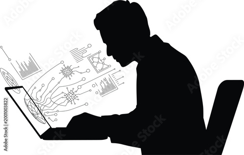 silhouette, man, laptop, data visualization, charts, graphs, computer, working, sitting, chair, technology, digital, analysis, statistic Silhouette of a man working on a laptop with data visualization
