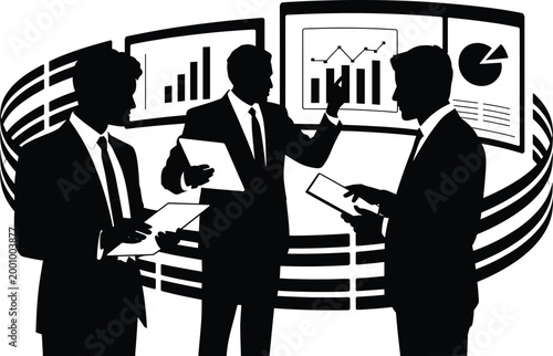 businessmen, suits, discussion, data, screens, graphs, charts, presentation, meeting, office, finance, statistics, black, white Three businessmen in suits discussing data on screens, graphs and charts