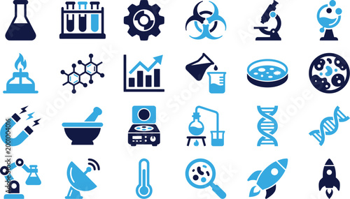 Set of blue and dark blue science and laboratory icons symbols for research isolated on white background.
