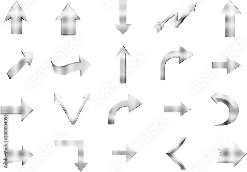 Set of halftone arrow collection vector graphics for navigation and direction in various styles.