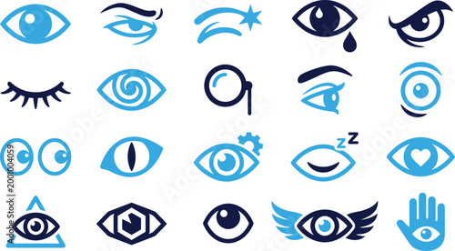Set of blue and dark blue eye icons symbols representing vision perception and emotions isolated on white.