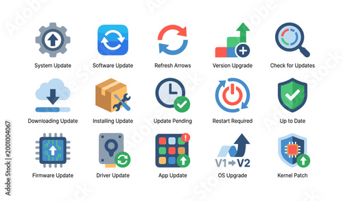 Update icons displaying update and upgrade symbols on white