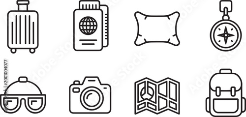Travel essentials vector icons suitcase camera backpack more for adventure