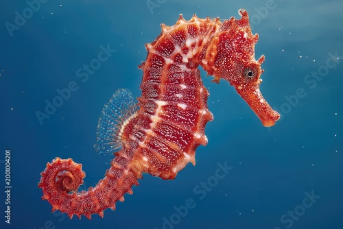 Red seahorse swimming in deep blue water