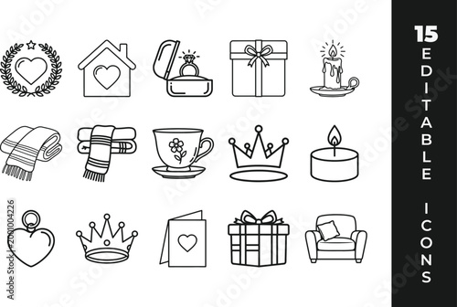 Collection of editable hand drawn icons for gift love comfort with gift giving envelope greeting valentine romantic surprise celebration collection minimalist
