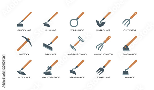 Various garden hoes and hand tools displayed as icons