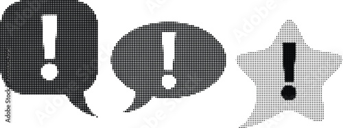 Set of halftone exclamation mark symbols inside speech bubbles and star shape for warnings and alerts.