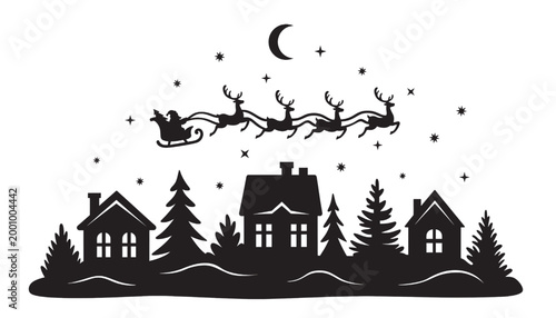 Night town landscape illustration with silhouettes of houses, pine trees, and Santa sleigh under moon and stars